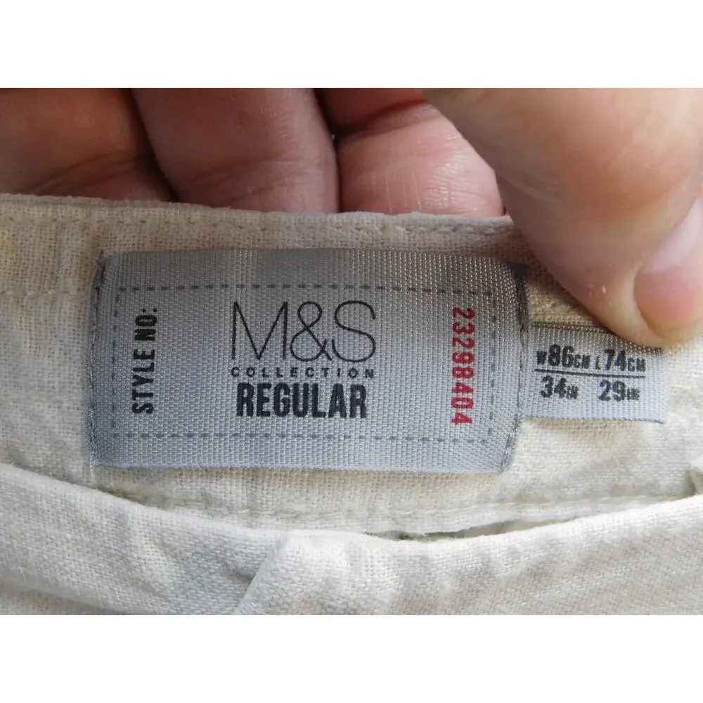 M&S Collection Men's 34x29 Stone Linen Blend Pleated Pants Regular Fit